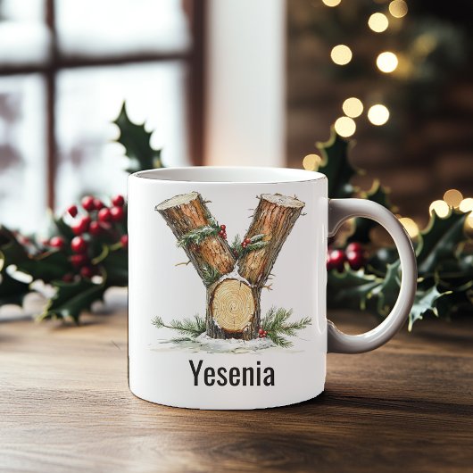 Personalized Woodland Log Monogram Y Christmas Koffiemok