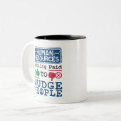 Personeel dat betaald wordt aan rechter mensen tweekleurige koffiemok (Voorkant links)