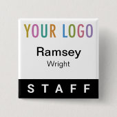 Personeel Pin Achternaam Badge met Logo Zwarte But Vierkante Button 5,1 Cm (Voorkant)
