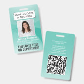 Personeelsfoto ID QR-code Uw logo Teal Blauwe Boog Badge (Voor- en achterkant)