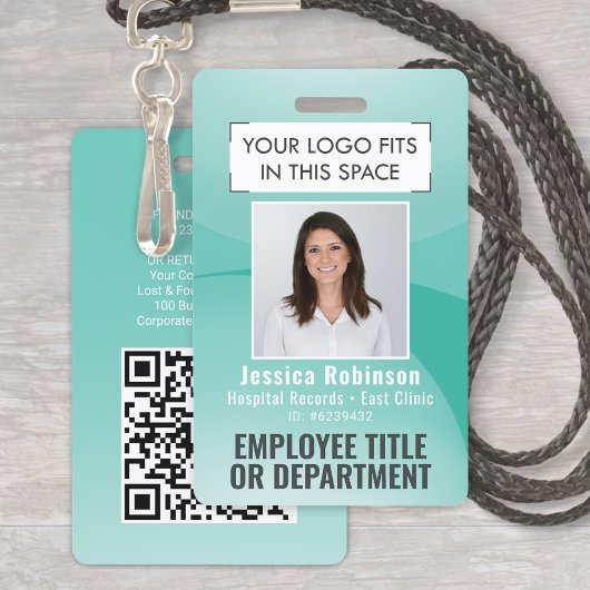Personeelsfoto ID QR-code Uw logo Teal Blauwe Boog Badge