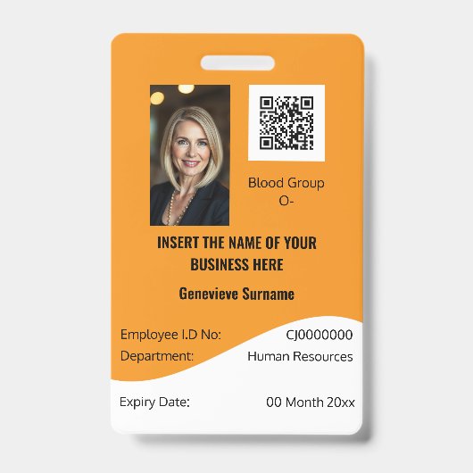 Personeelskaart CUSTOM, bewerkbaar, oranje wit Badge (Voorzijde)