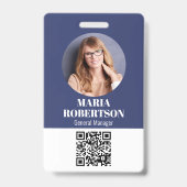 Personeelskaart Minimalistische Foto QR-code Blauw Badge (Voorzijde)