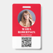 Personeelskaart Minimalistische Foto QR-code Rood Badge (Voorzijde)
