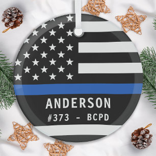 Personeelsleden van de politie met een blauwe lijn glas ornament