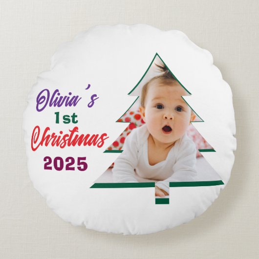 Personlized Photo Olivia's 1st Christmas Tree  Rond Kussen (Voorkant)