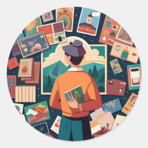 persoon-bewondering-een-collectie-van--postca ronde sticker