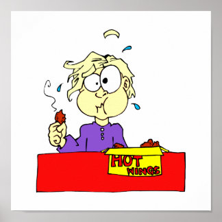 Persoon die hete vleugels cartoon HOT eet Poster