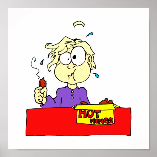 Persoon die hete vleugels cartoon HOT eet Poster (Voorkant)