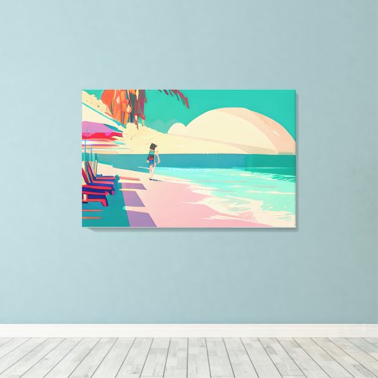 Persoon die op het Blauwgroen en Peach Sandy Beach Canvas Afdruk (Insitu (Houten vloer))