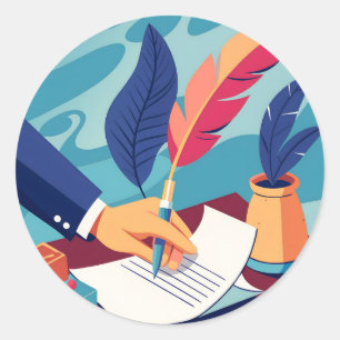 persoon-hand-schrijven-een-letter-met-een-veer-pen ronde sticker