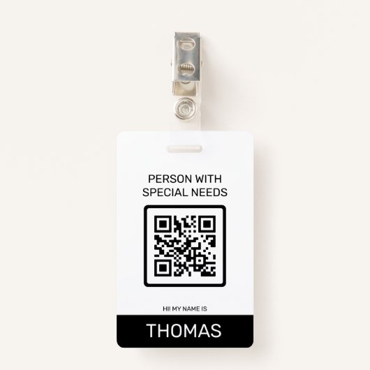 Persoon met speciale behoeften QR-code en andere i Badge (Voorkant met clip)
