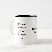 Persoon vrouw man camera tv Trump citeert grappig  Tweekleurige Koffiemok (Voorkant links)