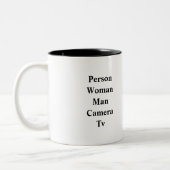 Persoon vrouw man camera tv Trump citeert grappig  Tweekleurige Koffiemok (Links)