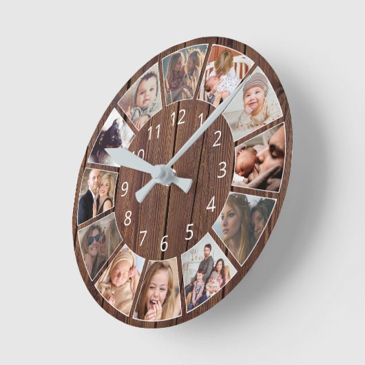 Persoonlijk 12 Foto Collage Natural Wood Ronde Klok (Hoek)