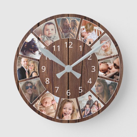 Persoonlijk 12 Foto Collage Natural Wood Ronde Klok (Voorkant)