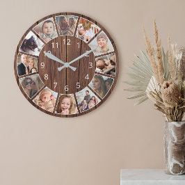 Persoonlijk 12 Foto Collage Natural Wood Ronde Klok