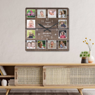 Persoonlijk 12 Foto Collage Rustic Brown Wood Vierkante Klok