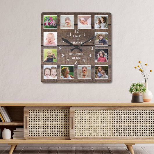 Persoonlijk 12 Foto Collage Rustic Brown Wood Vierkante Klok