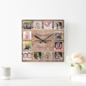 Persoonlijk 12 Foto Collage Rustic Brown Wood Vierkante Klok (Huis)