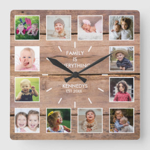 Persoonlijk 12 Foto Collage Rustic Brown Wood Vierkante Klok