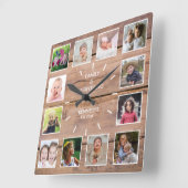 Persoonlijk 12 Foto Collage Rustic Brown Wood Vierkante Klok (Hoek)