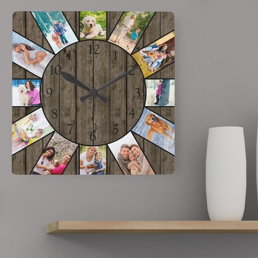 Persoonlijk 12 Foto collage Rustic Dark Wood Vierkante Klok