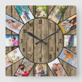 Persoonlijk 12 Foto collage Rustic Natural Wood Vierkante Klok (Voorkant)