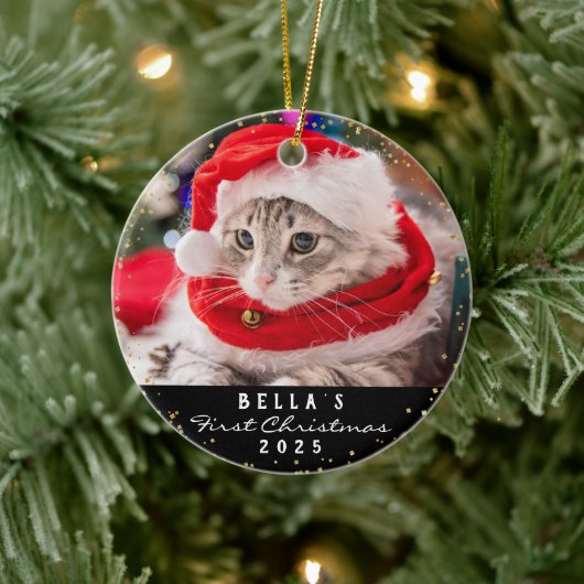 Persoonlijk 2 fotofotopapier: Meowy Kerstzwart Keramisch Ornament (Boom)