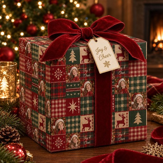 Persoonlijk 4 foto rustic kerstvakantie patchwork cadeaupapier