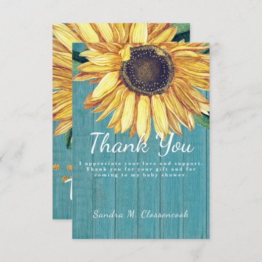 Persoonlijk aangepaste rustieke chic zonnebloem sc bedankkaart (Voorkant / Achterkant)