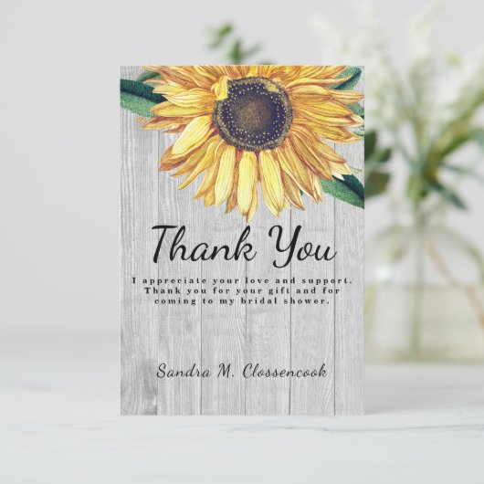 Persoonlijk Aangepaste Rustieke Chic Zonnebloem Sc Bedankkaart (Staand voorkant)