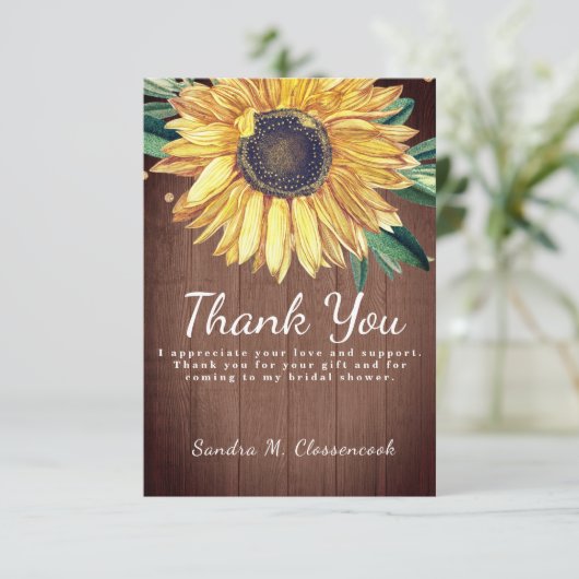 Persoonlijk aangepaste rustieke chic zonnebloem sc bedankkaart (Staand voorkant)