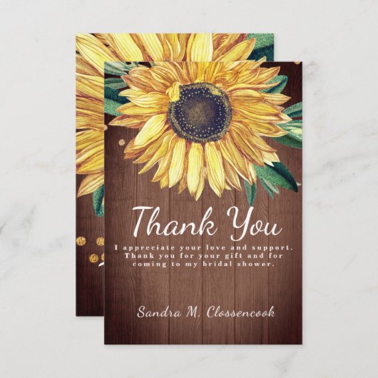Persoonlijk aangepaste rustieke chic zonnebloem sc bedankkaart (Voorkant / Achterkant)