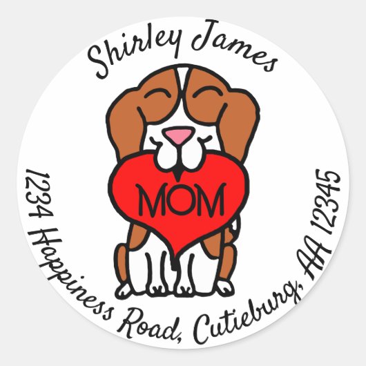 Persoonlijk adres Cartoon Beagle Moeder Ronde Sticker (Voorkant)