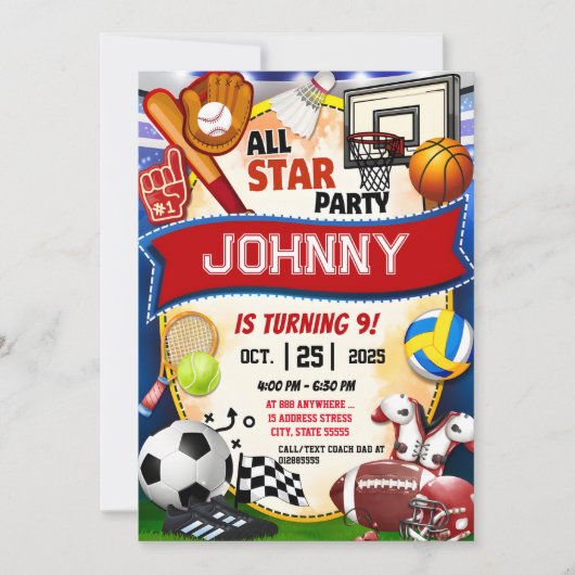 Persoonlijk All Star Sports Theme Verjaardagsfeest Kaart (Voorkant)