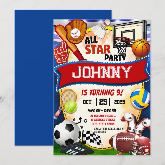 Persoonlijk All Star Sports Theme Verjaardagsfeest Kaart (Voorkant / Achterkant)