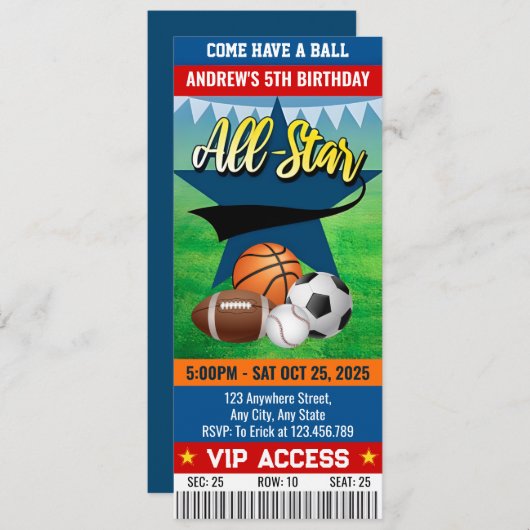 Persoonlijk All Star verjaardagsfeestticket Kaart (Voorkant / Achterkant)