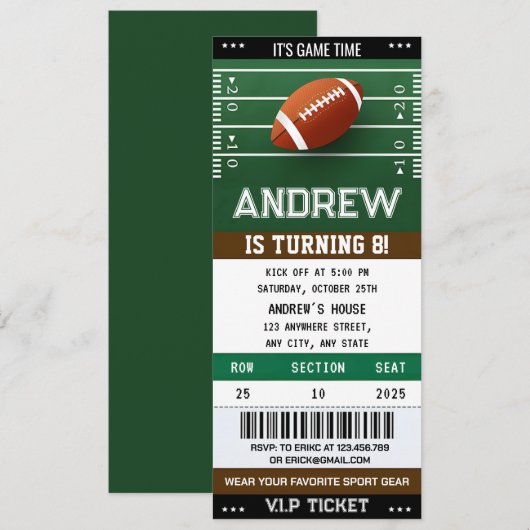 Persoonlijk Amerikaans Football Ticket Kaart (Voorkant / Achterkant)