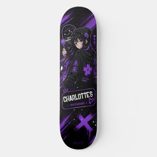 Persoonlijk Anime Paars en Zwart Skateboard (Voorkant)