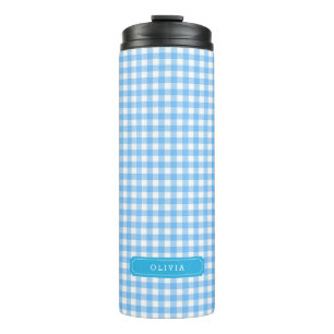 Persoonlijk babyblauw Gingham Monogram Thermosbeker