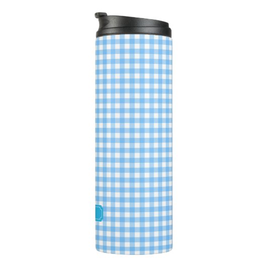 Persoonlijk babyblauw Gingham Monogram Thermosbeker (Geroteerd rechts)