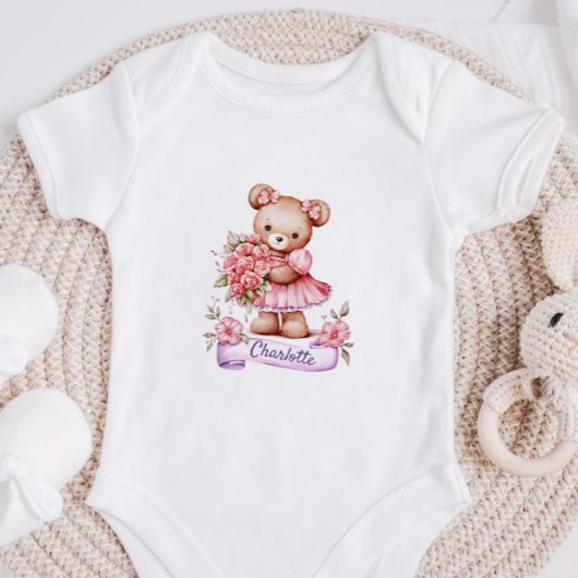 Persoonlijk babymeisjes romper met een teddybeer