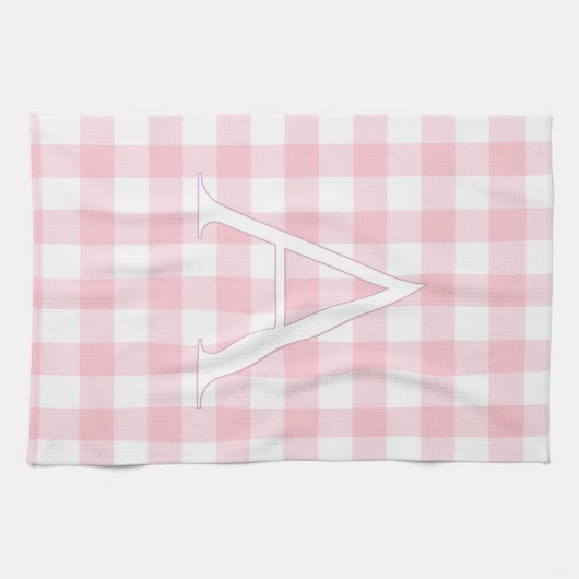 Persoonlijk babyroze Gingham-monogram Theedoek (Horizontaal)