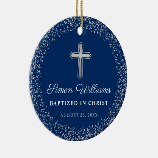 Persoonlijk baptisme Christening Navy Blue Silver Keramisch Ornament (Rechts)