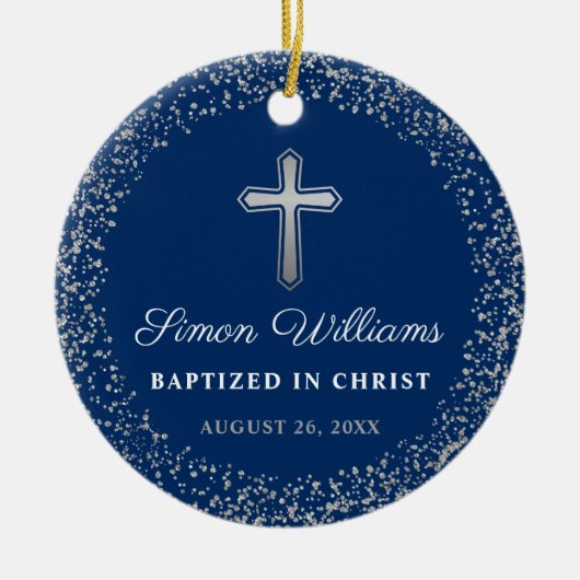 Persoonlijk baptisme Christening Navy Blue Silver Keramisch Ornament (Voorkant)