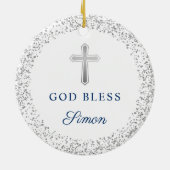 Persoonlijk baptisme Christening Navy Blue Silver Keramisch Ornament (Achterkant)