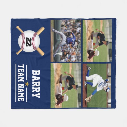 Persoonlijk Baseball 4 Photo Collage Name Team Fleece Deken (Voorkant (Horizontaal))