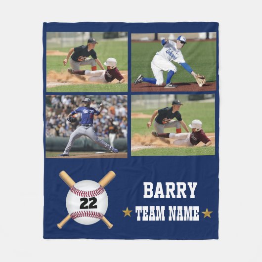 Persoonlijk Baseball 4 Photo Collage Name Team Fleece Deken (Voorkant)