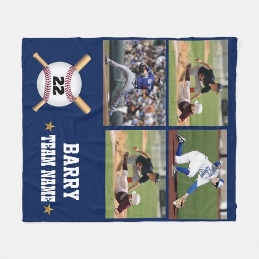 Persoonlijk Baseball 4 Photo Collage Name Team Fleece Deken (Voorkant (Horizontaal))